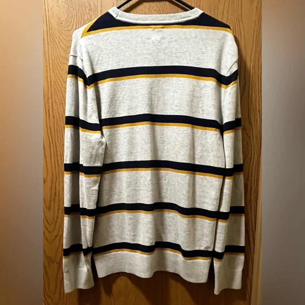 GAP Men's Crewneck Sweater - White, Navy, Yellow Stripes